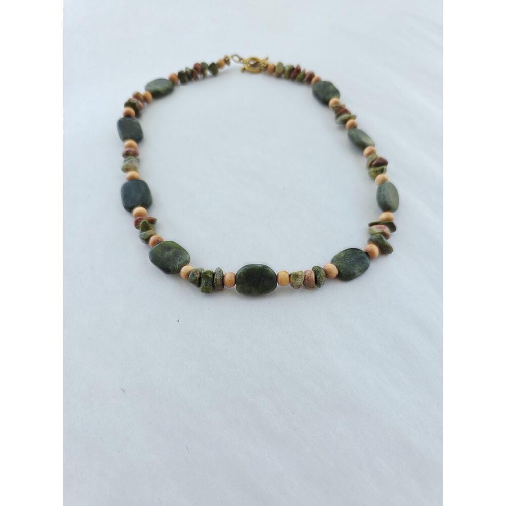 Handmade Gem Stone Beaded Artisan Necklace Nephrite & Unakite Green Choker Boho - Picture 3 of 10